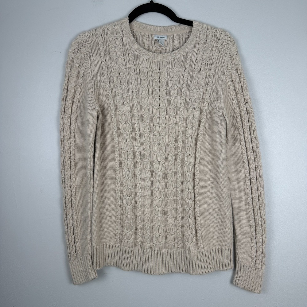 L.L.Bean Sweater Women's Small Beige Cotton Double Cable Knit Stretch Pullover